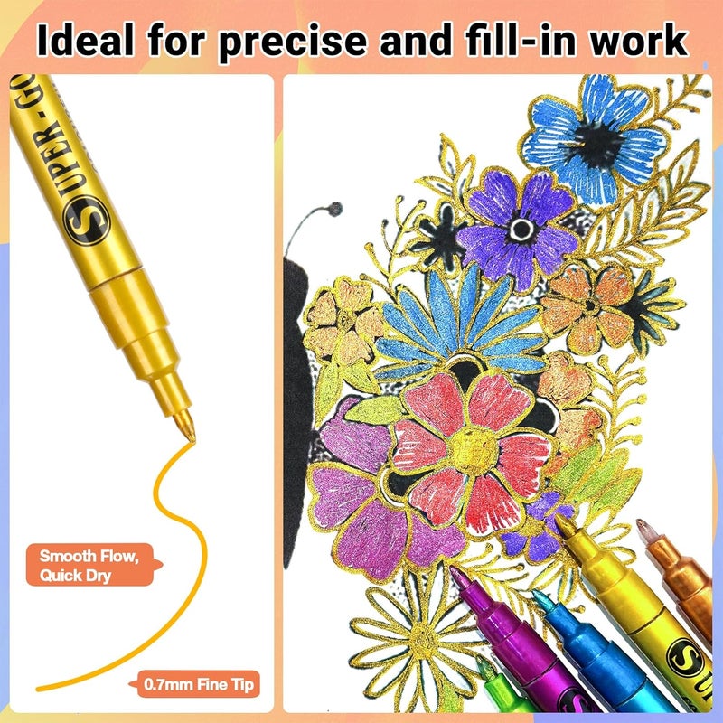 SAKEYR Super Golden Metallic Paint Markers, 12 Colors Sparkle Metallic Glitter Markers, 0.7mm Extra Fine Point Acrylic Paint Pens for Rock Painting, Glass, Wood, Black Paper, Scrapbook, DIY Art Crafts - Image 3